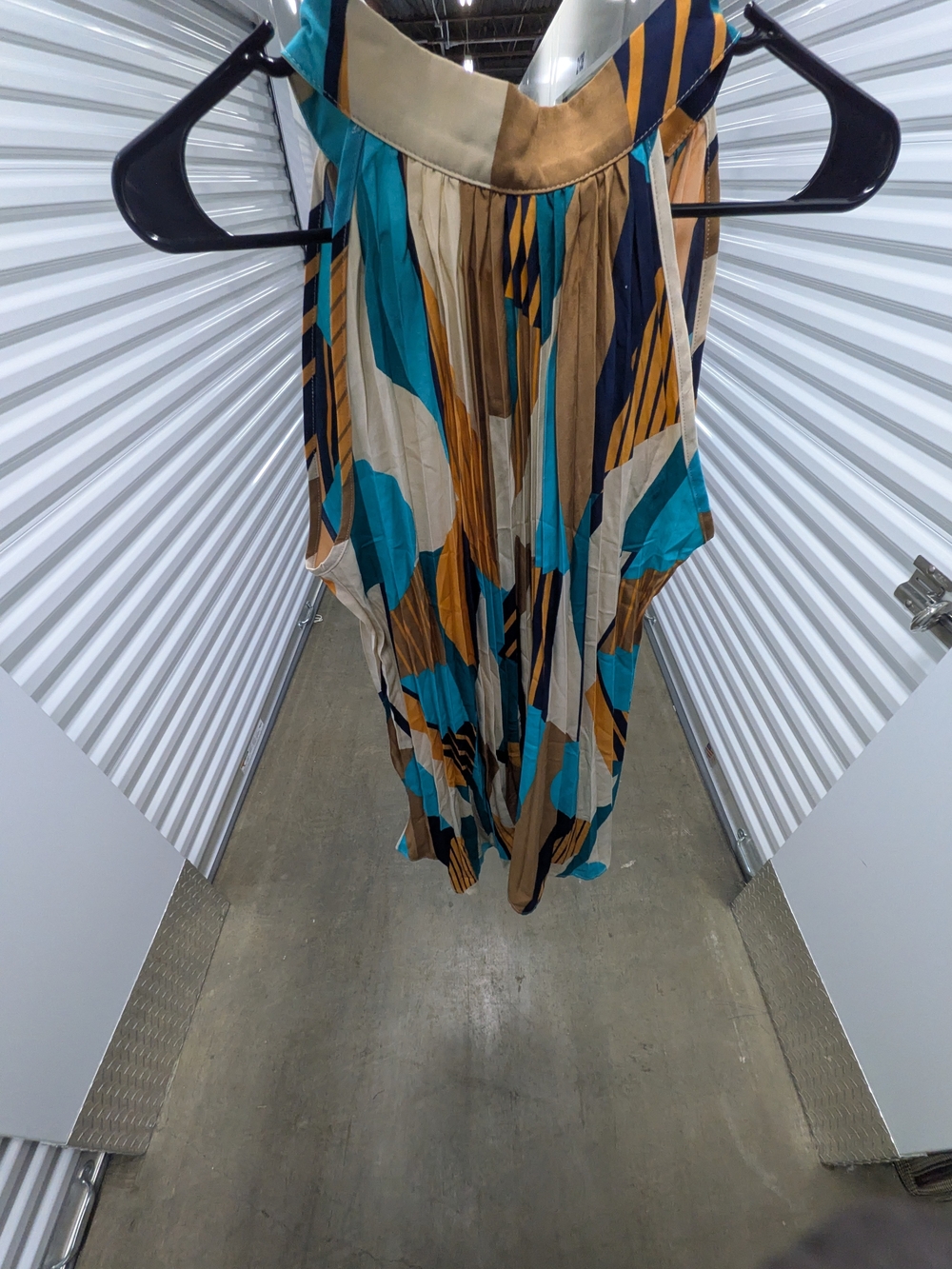 Pleated Halter Dress W/ Teal, Tan & Navy